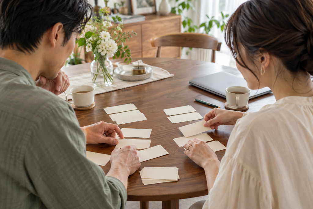 自宅の木製テーブルにカードを並べ、結婚式に招待するゲストを相談するふたり