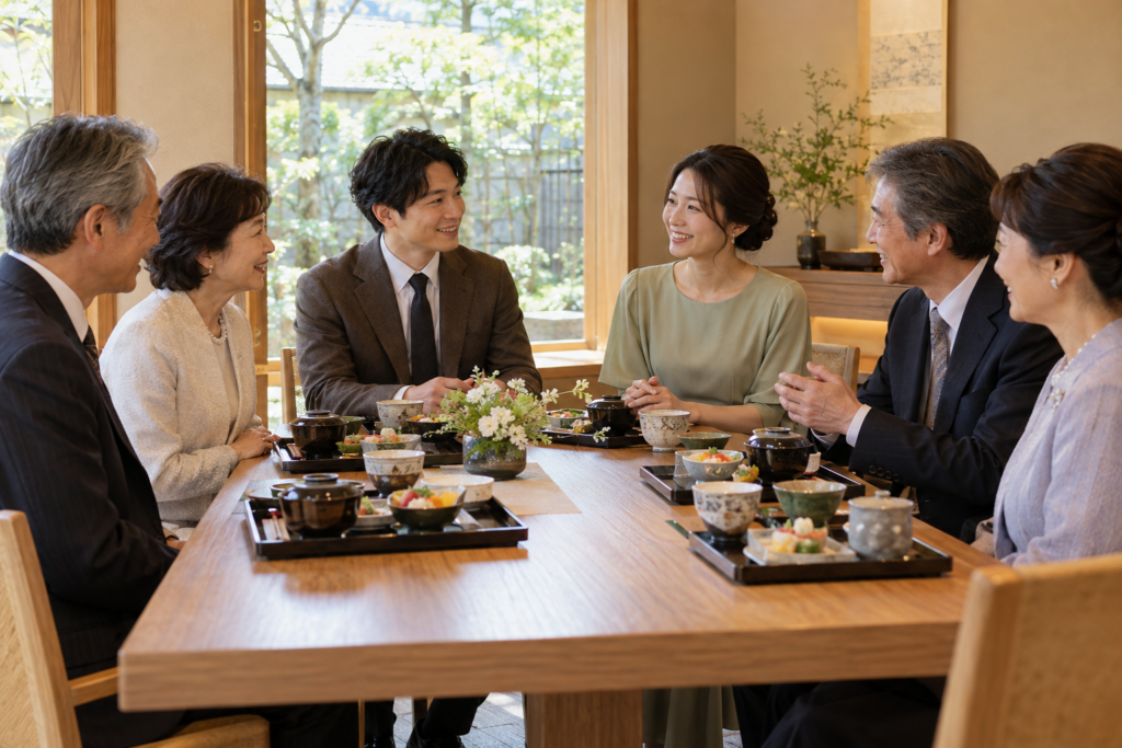 和食の並ぶテーブルを囲み、両家の顔合わせで会話を楽しむふたりと両親