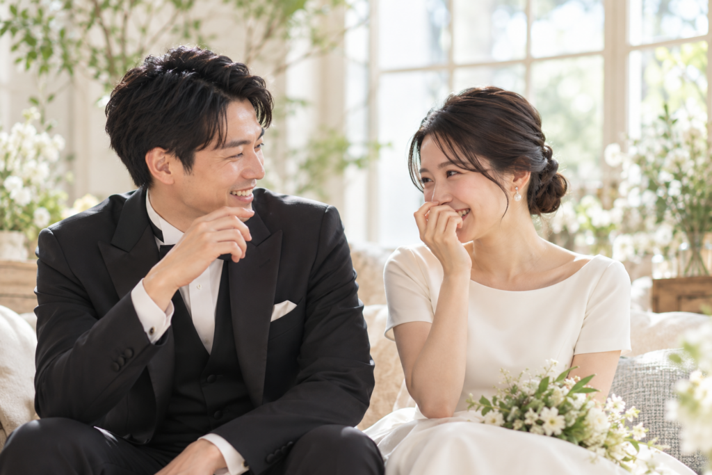 窓辺で語らう自然な笑顔の新郎新婦
