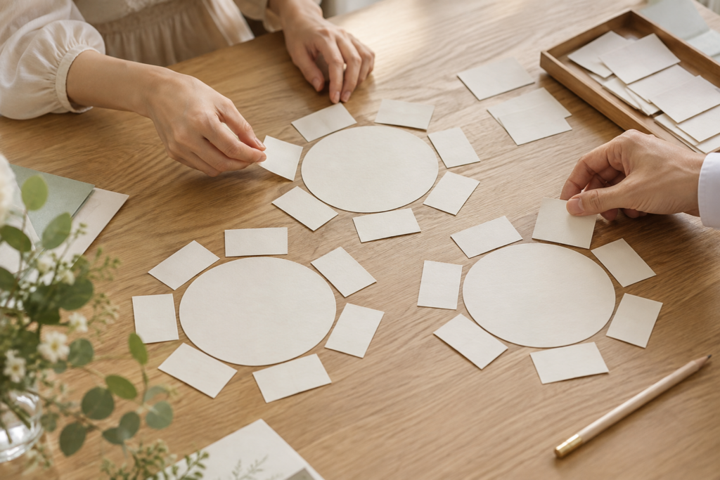円卓に見立てた丸い紙の周りにカードを並べ、結婚式の席次を相談するふたりの手元
