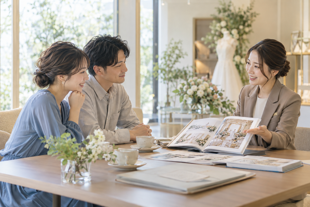 会場や装花の写真が載った資料を見ながら、スタッフと結婚式の打ち合わせをするふたり