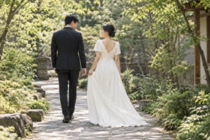 緑の庭を歩く新郎新婦